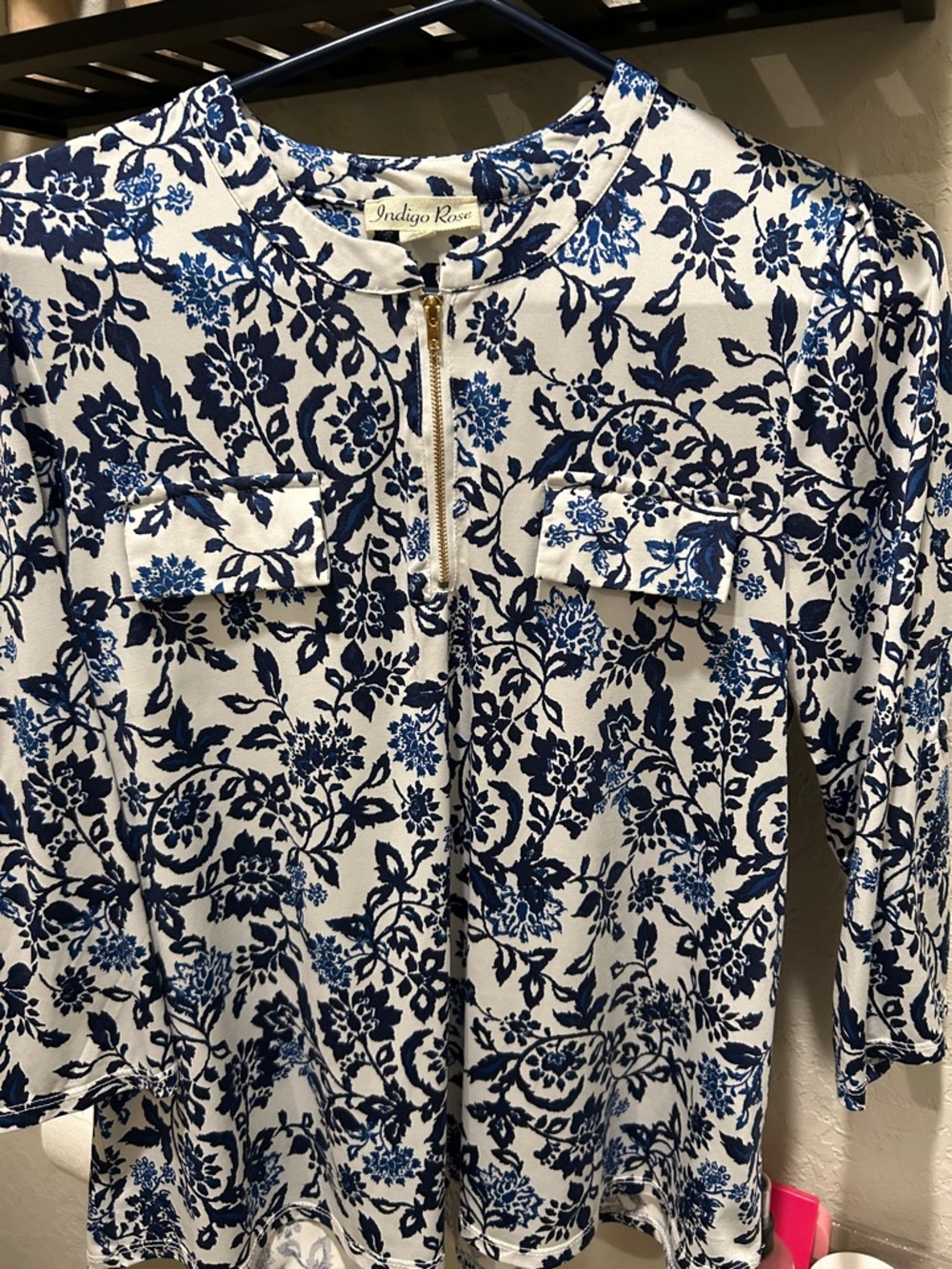 Indigo Rose Blue Floral Zip-Front Women's Blouse